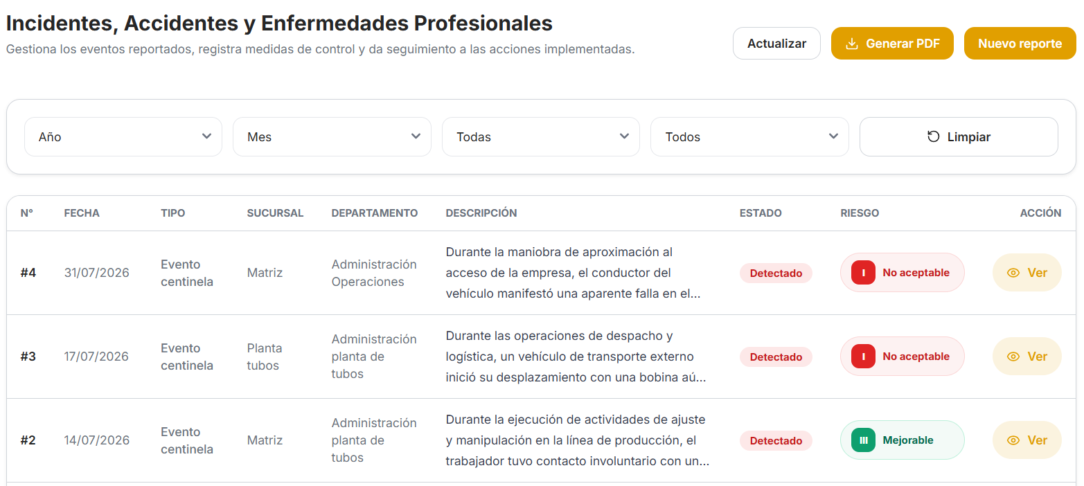Panel de ADMINEO para gestionar incidentes, accidentes y enfermedades profesionales