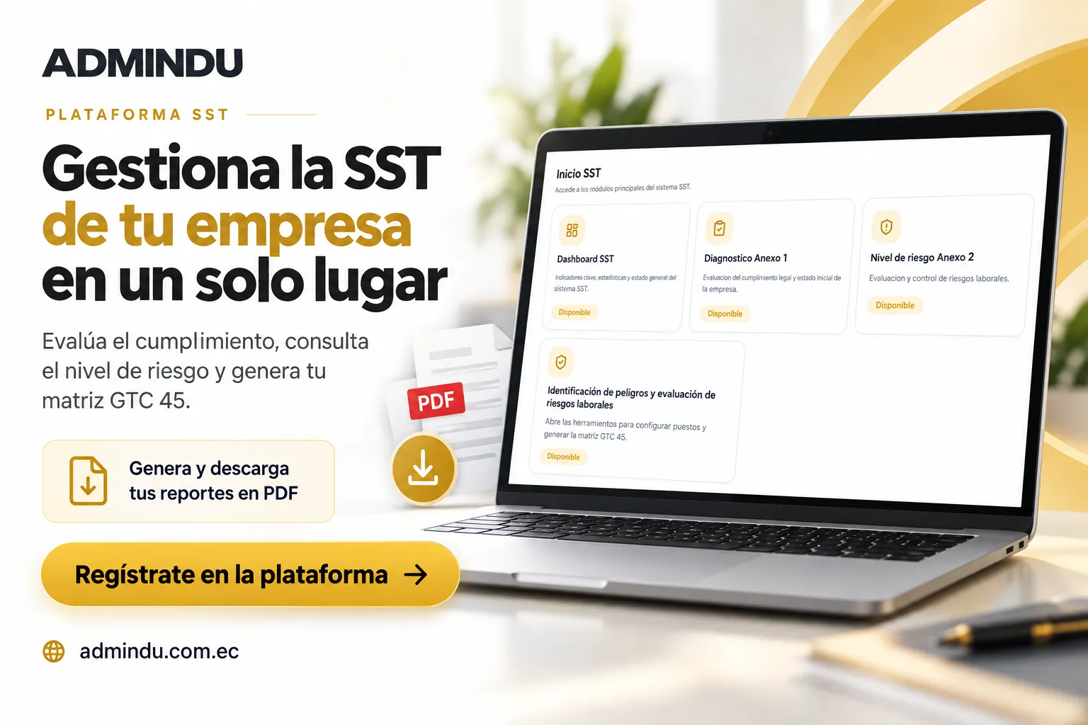 Plataforma SST Ecuador con reportes PDF ADMINDU